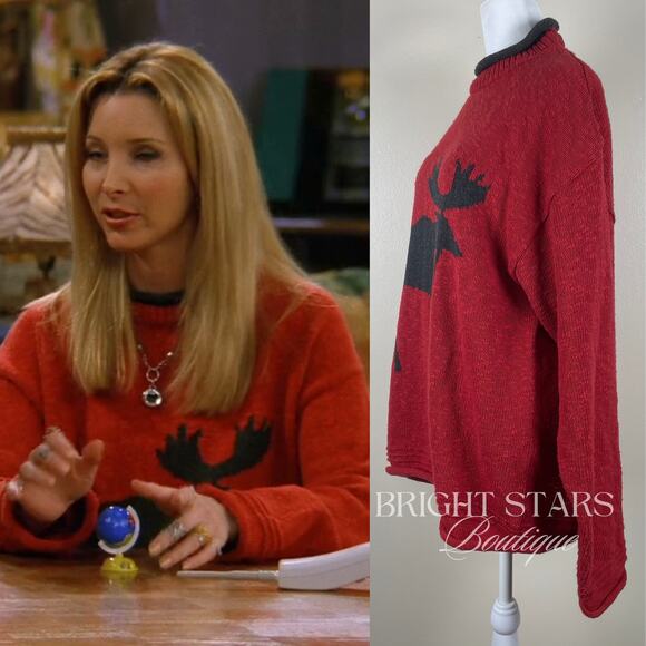 Extremely Rare Red Black Moose Reindeer Sweater ASO Phoebe Buffay Friends - Picture 4 of 9